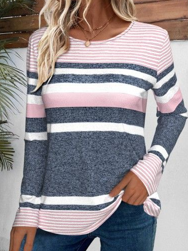 Damen Gestreift Langarm T-Shirts T-Shirt Rundhals Lässig Frühling/Herbst Oberteile