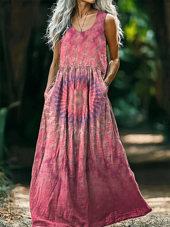 Damen Farbverlauf Ärmellos Sommer Print Kleid Rundhals Täglich Lässig Maxikleid Tanktop H-Linie Kleid