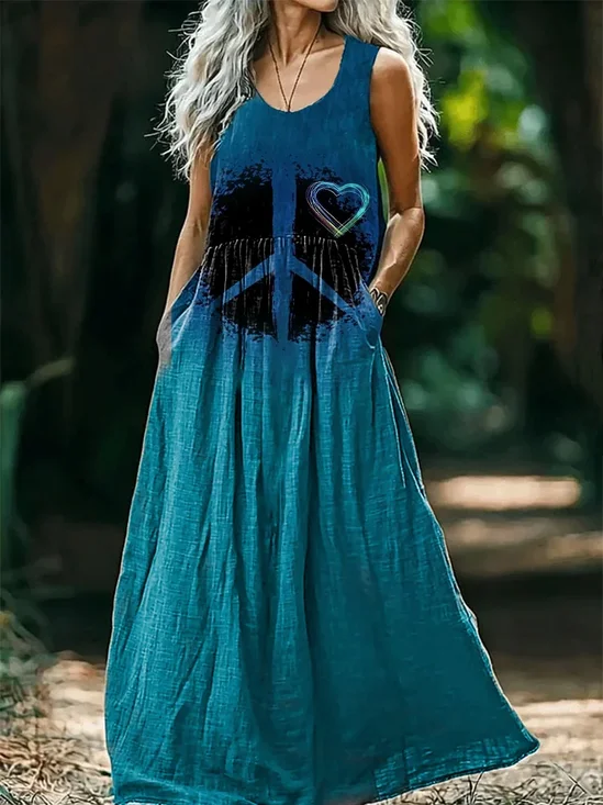 Damen Hippie Ärmellos Sommer Print Kleid Rundhals Täglich Lässig Maxikleid Tanktop H-Linie Kleid
