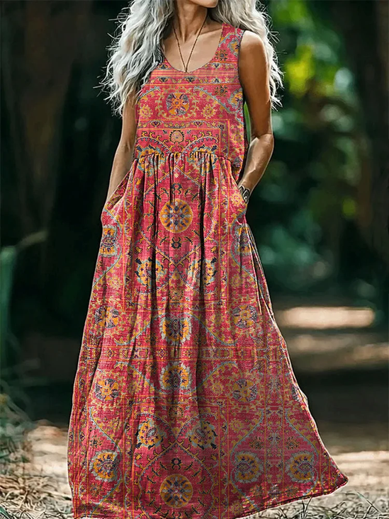 Damen Geblümt Ärmellos Sommer Print Kleid Rundhals Täglich Lässig Maxikleid Tanktop H-Linie Kleid