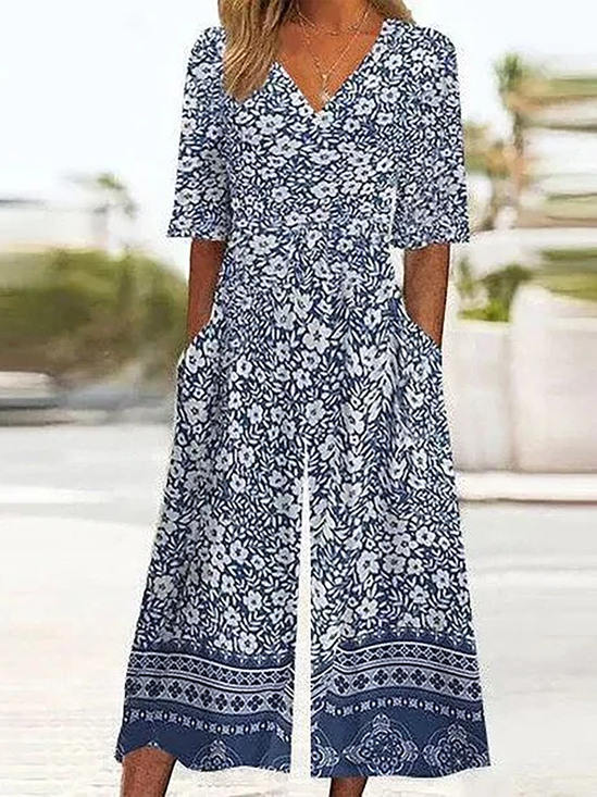 Damen Geblümt V-Ausschnitt Halbarm Lässig Sommer Jumpsuit