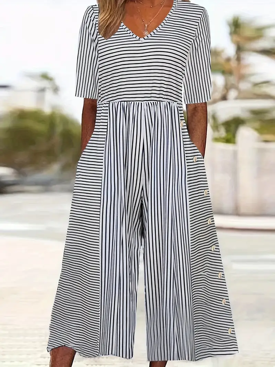Damen Gestreift V-Ausschnitt Halbarm Lässig Sommer Jumpsuit