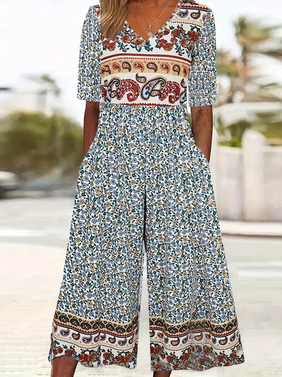 Damen Geblümt V-Ausschnitt Halbarm Lässig Sommer Jumpsuit