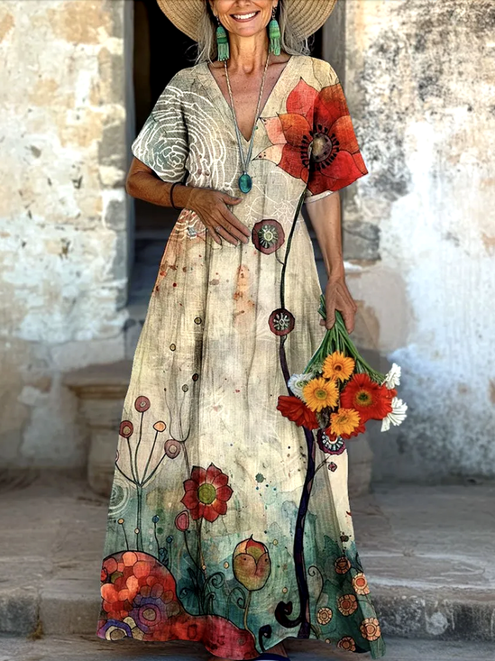 Damen Geblümt Kurzarm Sommer Kleid V-Ausschnitt Täglich Lässig Maxikleid A-Linien-Kleid