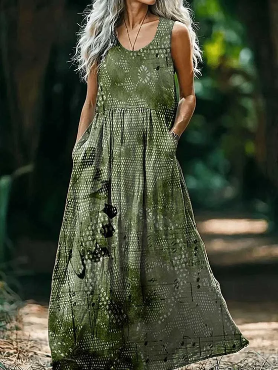 Damen Geblümt Ärmellos Sommer Print Kleid Rundhals Täglich Lässig Maxikleid Tanktop H-Linie Kleid