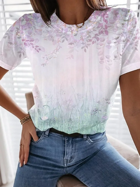 Damen Geblümt Kurzarm T-Shirts T-Shirt Rundhals Print Lässig Sommer T-Shirt mit Grafik Oberteile