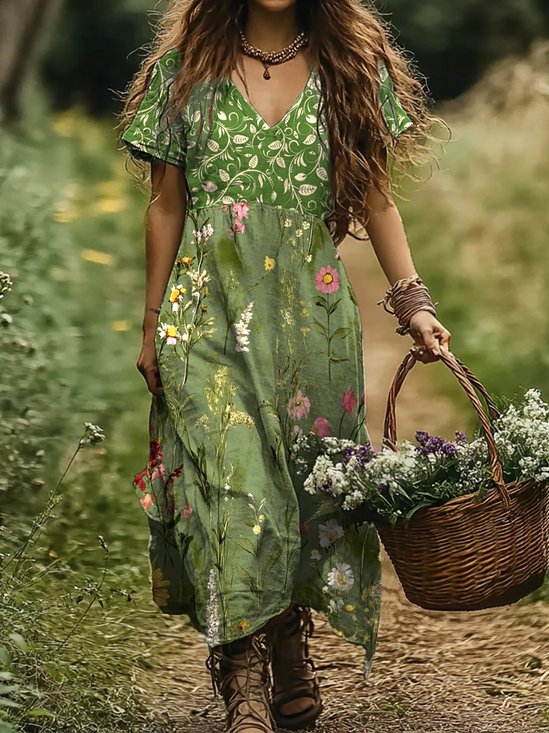 Damen Geblümt Kurzarm Sommer Kleid V-Ausschnitt Täglich Lässig Maxikleid A-Linien-Kleid