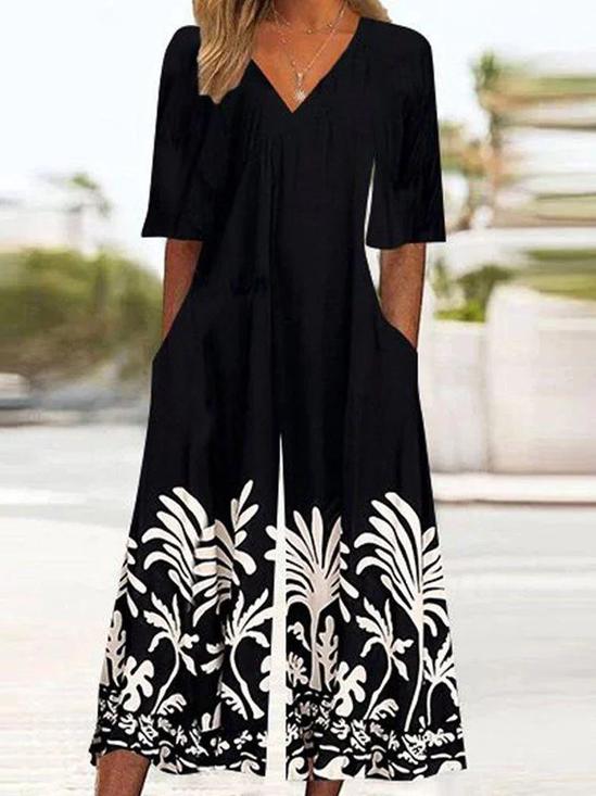 Damen Geblümt V-Ausschnitt Halbarm Lässig Sommer Jumpsuit