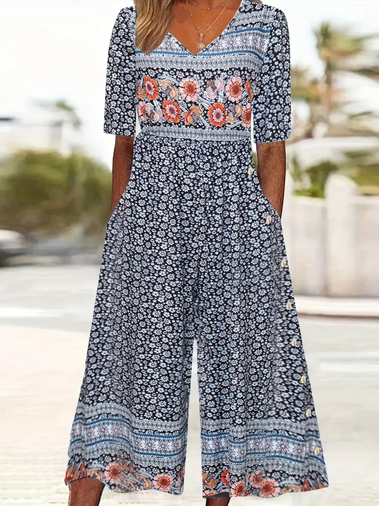 Damen Geblümt V-Ausschnitt Halbarm Lässig Sommer Jumpsuit