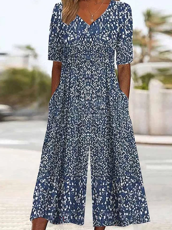 Damen Geblümt V-Ausschnitt Halbarm Lässig Sommer Jumpsuit