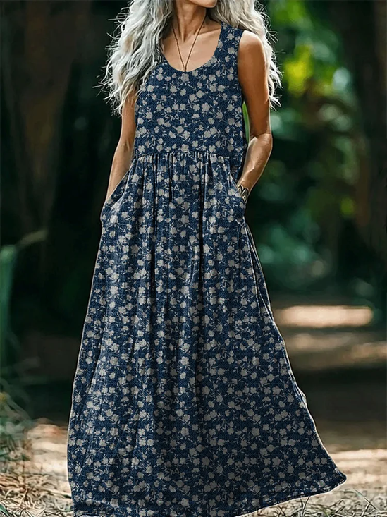 Damen Geblümt Ärmellos Sommer Print Kleid Rundhals Täglich Lässig Maxikleid Tanktop H-Linie Kleid
