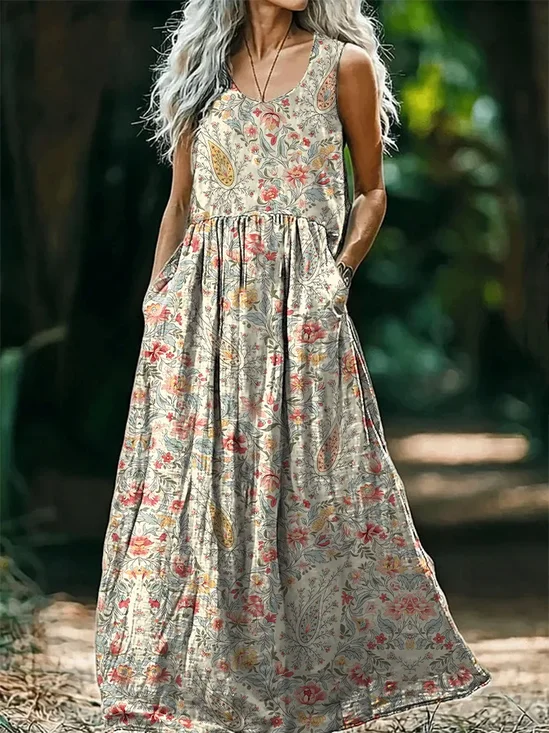 Damen Geblümt Ärmellos Sommer Print Kleid Rundhals Täglich Lässig Maxikleid Tanktop H-Linie Kleid