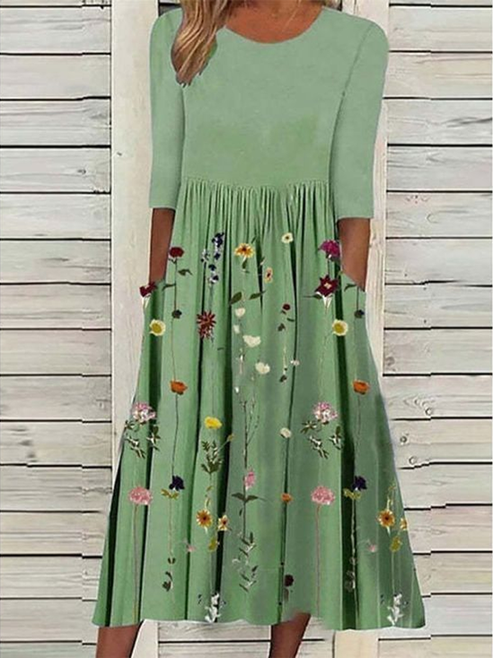 Damen Geblümt Kurzarm Sommer Print Kleid Rundhals Täglich Lässig Maxikleid Etuikleid H-Linie Kleid