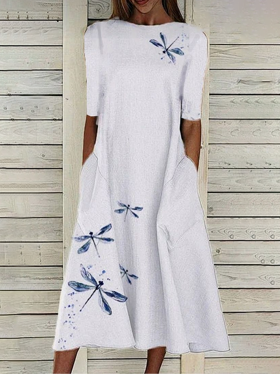 Damen Libelle Kurzarm Sommer Print Kleid Rundhals Täglich Lässig Maxikleid Etuikleid H-Linie Kleid