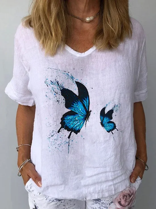 Damen Schmetterling Kurzarm Bluse Sommer Rundhals Täglich Lässig Oberteile