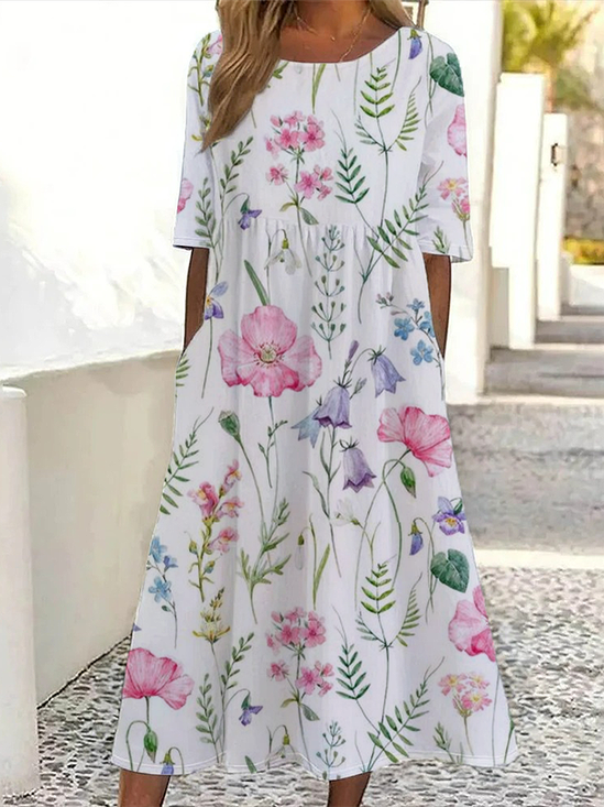Damen Geblümt Kurzarm Sommer Print Kleid Rundhals Täglich Lässig Maxikleid Etuikleid H-Linie Kleid
