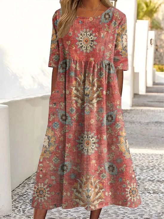 Damen Geblümt Kurzarm Sommer Print Kleid Rundhals Täglich Lässig Maxikleid Etuikleid H-Linie Kleid
