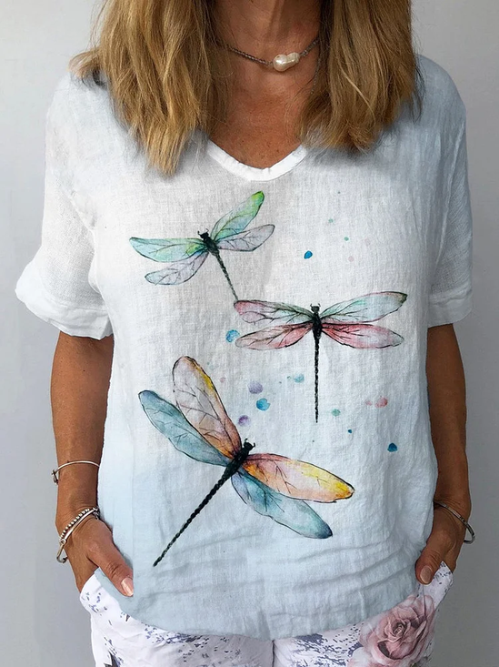 Damen Libelle Kurzarm Bluse Sommer Rundhals Täglich Lässig Oberteile