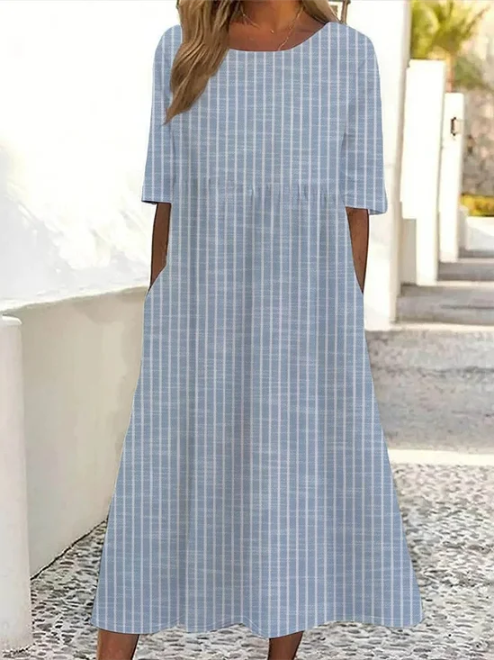 Damen Gestreift Kurzarm Sommer Print Kleid Rundhals Täglich Lässig Maxikleid Etuikleid H-Linie Kleid