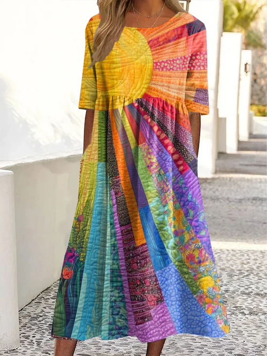 Damen Hippie Kurzarm Sommer Print Kleid Rundhals Täglich Lässig Maxikleid Etuikleid H-Linie Kleid