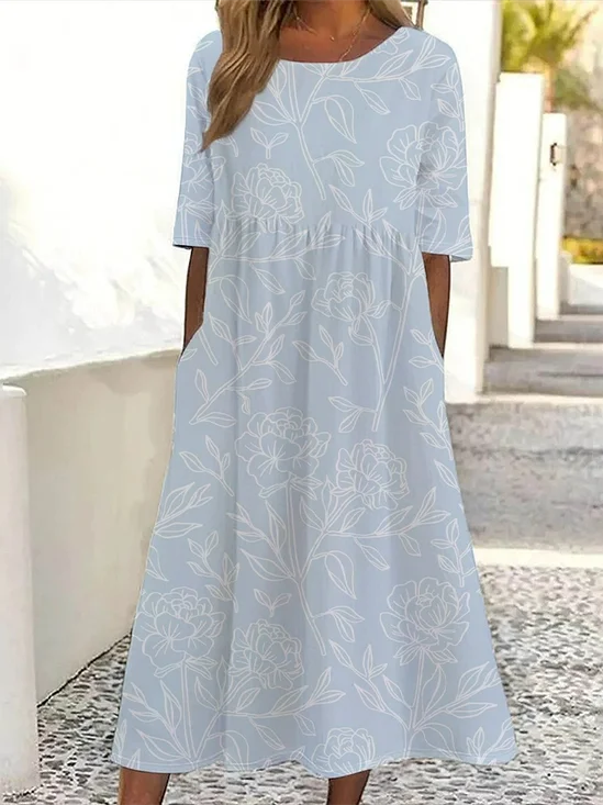 Damen Geblümt Kurzarm Sommer Print Kleid Rundhals Täglich Lässig Maxikleid Etuikleid H-Linie Kleid