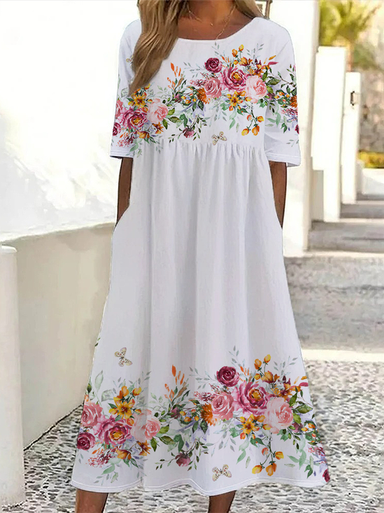 Damen Geblümt Kurzarm Sommer Print Kleid Rundhals Täglich Lässig Maxikleid Etuikleid H-Linie Kleid