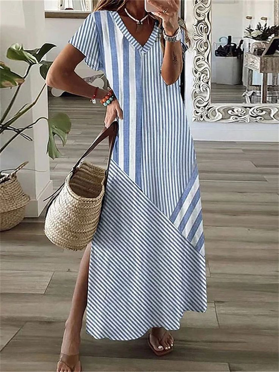 Damen Gestreift Kurzarm Sommer Print Kleid V-Ausschnitt Täglich Lässig Maxikleid X-Linie Kleid