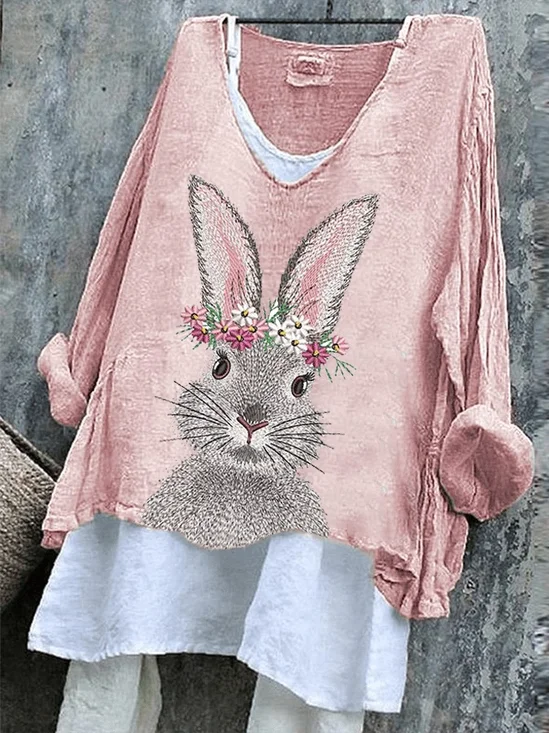Damen OSTERN (Kaninchen) Langarm T-Shirts T-Shirt V-Ausschnitt Retro Frühling/Herbst Oberteile