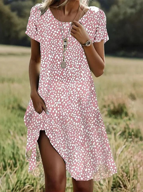 Damen Polka Dots Kurzarm Sommer Print Kleid Rundhals Täglich Lässig Mini Tunika H-Linie Kleid
