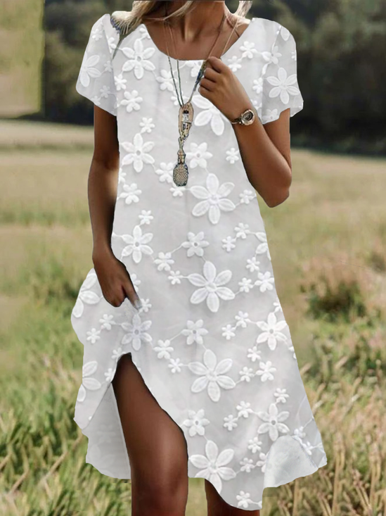 Damen Geblümt Kurzarm Sommer Print Kleid Rundhals Täglich Lässig Mini Tunika H-Linie Kleid