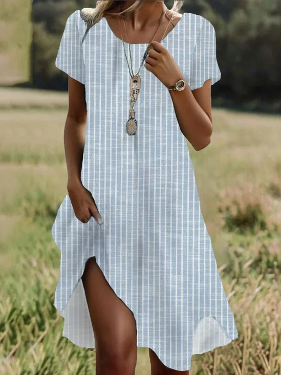 Damen Gestreift Kurzarm Sommer Print Kleid Rundhals Täglich Lässig Mini Tunika H-Linie Kleid