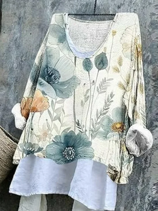 Damen Geblümt Langarm T-Shirts T-Shirt V-Ausschnitt Retro Frühling/Herbst Oberteile