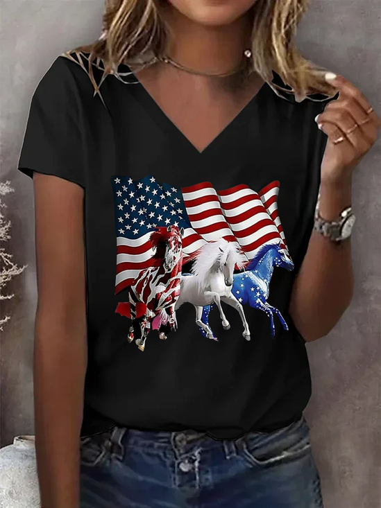 Damen Tag der Unabhängigkeit (Flagge) Kurzarm T-Shirts T-Shirt V-Ausschnitt Print Lässig Sommer T-Shirt mit Grafik Oberteile