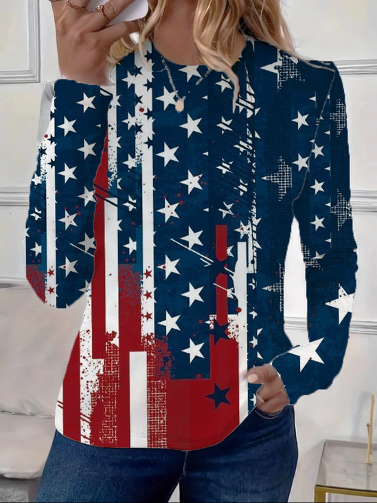 Damen Amerika-Flagge Langarm T-Shirts T-Shirt Rundhals Print Lässig Frühling/Herbst T-Shirt mit Grafik Oberteile