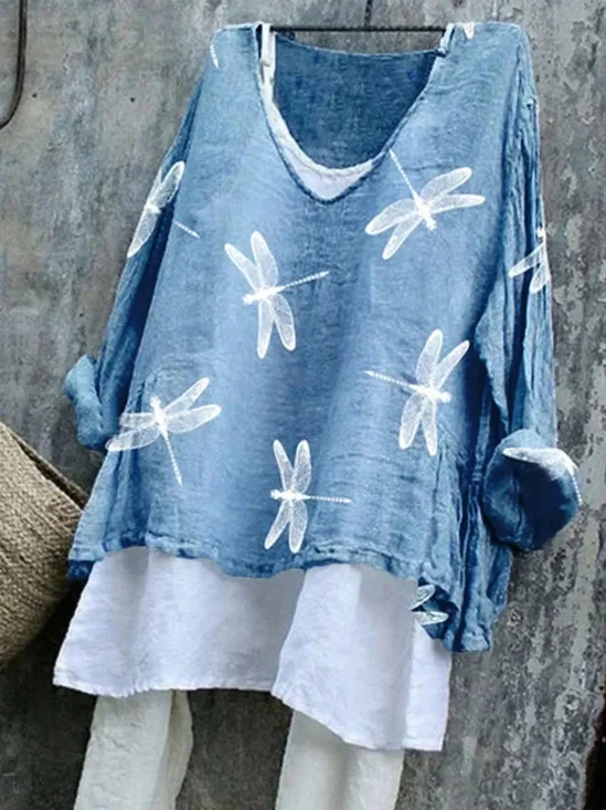 Damen Tier Langarm T-Shirts T-Shirt V-Ausschnitt Retro Frühling/Herbst Oberteile