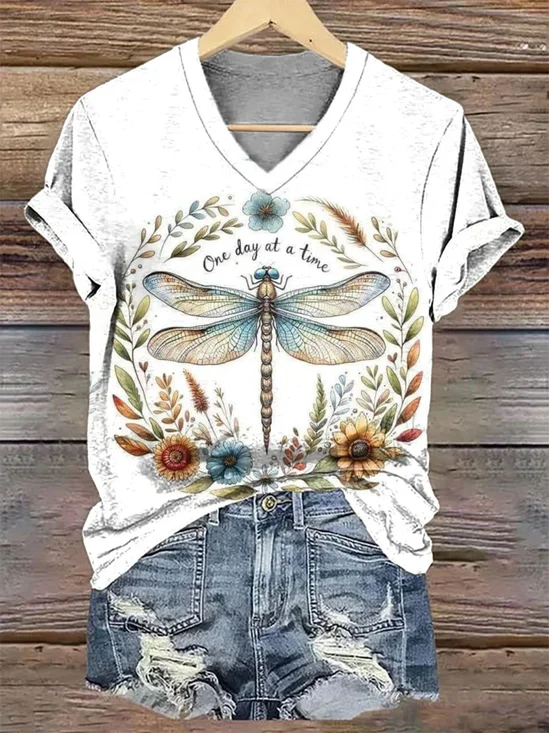 Damen Geblümt Kurzarm T-Shirts T-Shirt V-Ausschnitt Lässig Sommer Oberteile