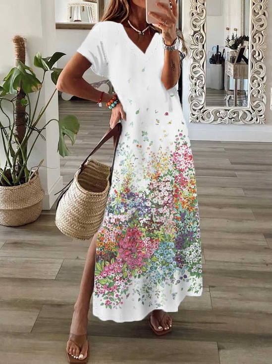 Damen Unifarben Kurzarm Sommer Kleid V-Ausschnitt Täglich Lässig Maxikleid X-Linie Kleid