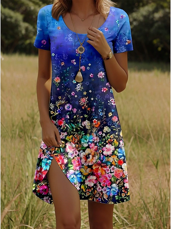 Damen Geblümt Kurzarm Sommer Print Kleid Rundhals Täglich Lässig Mini Tunika H-Linie Kleid