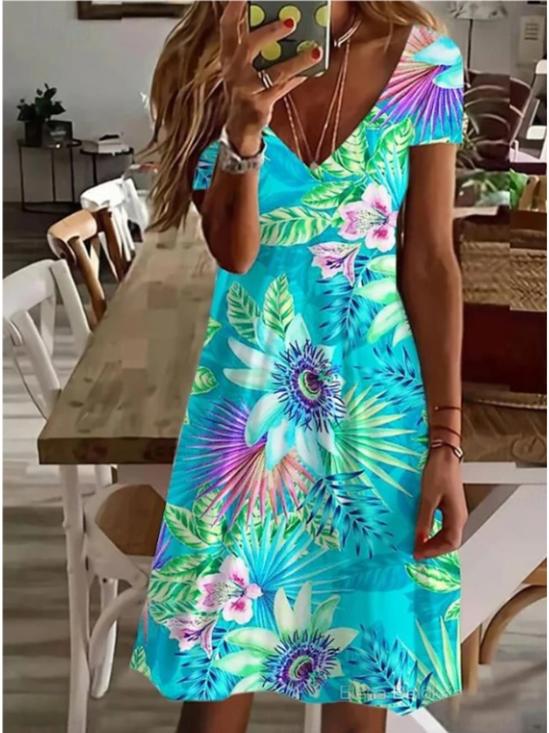 Damen Geblümt Kurzarm Sommer Kleid V-Ausschnitt Täglich Lässig Midi A-Linien-Kleid