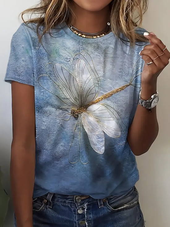 Damen Libelle Kurzarm T-Shirts T-Shirt Rundhals Print Lässig Sommer T-Shirt mit Grafik Oberteile