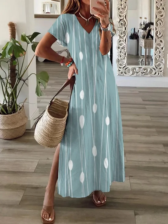 Damen Gestreift Kurzarm Sommer Print Kleid V-Ausschnitt Täglich Lässig Maxikleid X-Linie Kleid