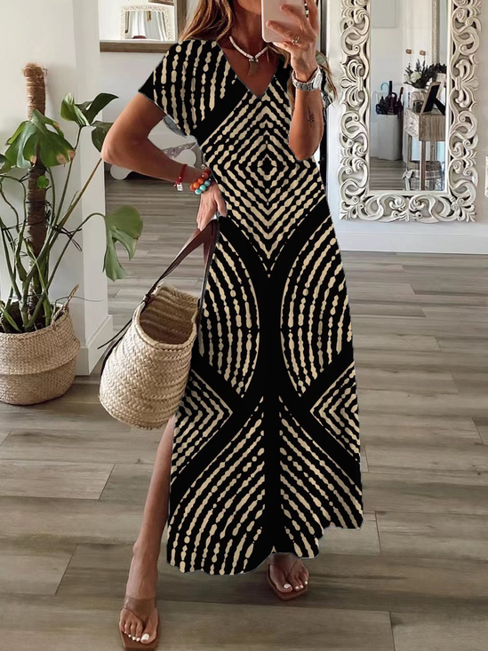 Damen Geometrisch Kurzarm Sommer Print Kleid V-Ausschnitt Täglich Lässig Maxikleid X-Linie Kleid