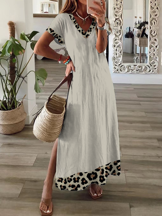 Damen Leopard Kurzarm Sommer Print Kleid V-Ausschnitt Täglich Lässig Maxikleid X-Linie Kleid
