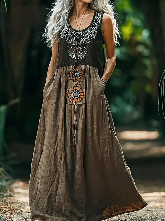 Damen Ethnisch Geometrie Ärmellos Sommer Kleid V-Ausschnitt Täglich Retro Maxikleid A-Linien-Kleid