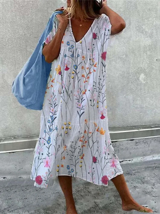 Damen Geblümt Ärmellos Sommer Kleid V-Ausschnitt Täglich Lässig Maxikleid A-Linien-Kleid