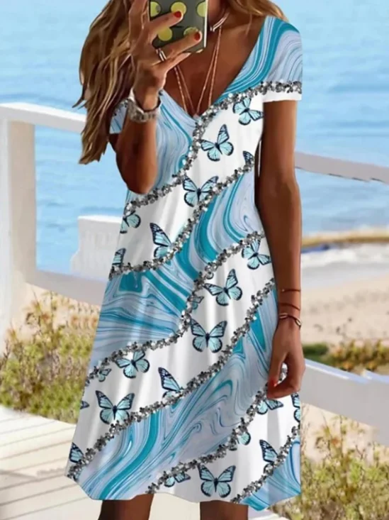 Damen Geblümt Kurzarm Sommer Kleid V-Ausschnitt Täglich Lässig Midi A-Linien-Kleid