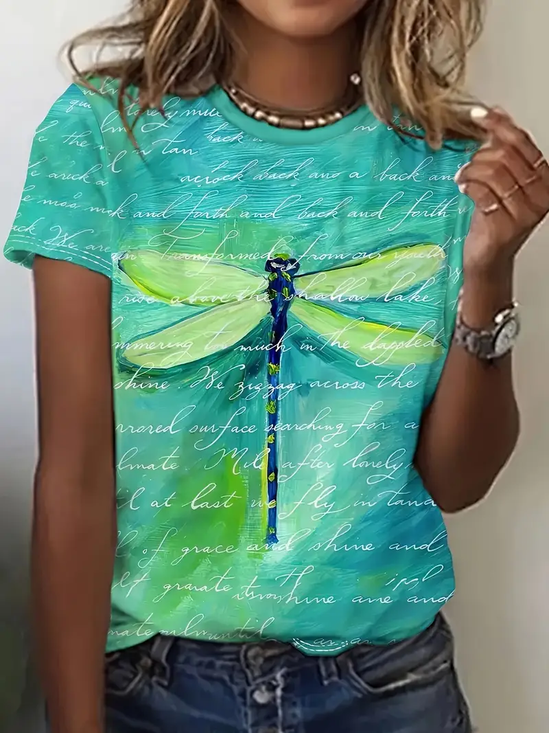 Damen Libelle Kurzarm T-Shirts T-Shirt Rundhals Print Lässig Sommer T-Shirt mit Grafik Oberteile