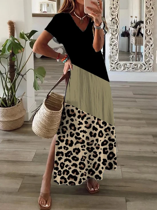 Damen Leopard Kurzarm Sommer Print Kleid V-Ausschnitt Täglich Lässig Maxikleid X-Linie Kleid