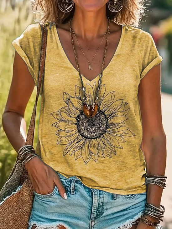 Damen Geblümt Kurzarm T-Shirts T-Shirt V-Ausschnitt Print Lässig Sommer T-Shirt mit Grafik Oberteile