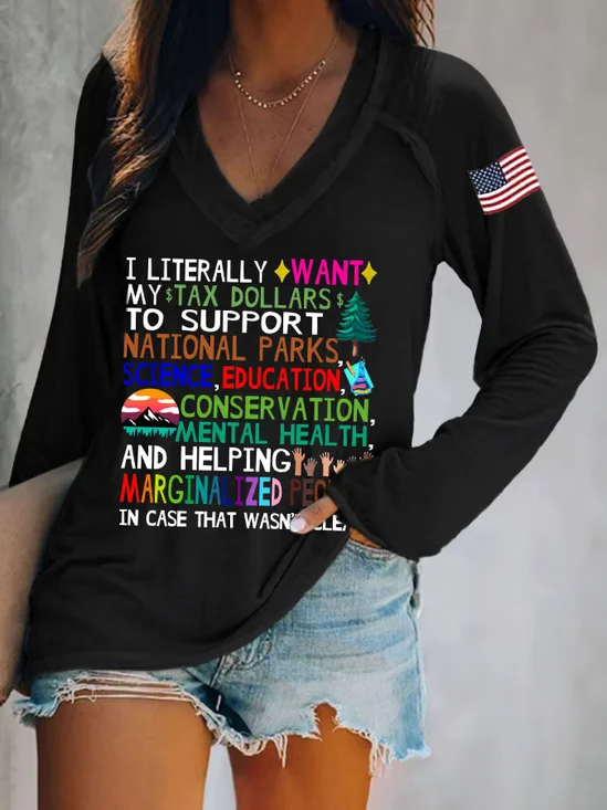 Damen Textbriefe Langarm T-Shirts T-Shirt V-Ausschnitt Lässig Frühling/Herbst Oberteile
